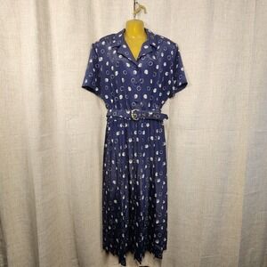 VTG Leslie Fay Belted Midi Dress‎ Women's 16 Navy Blue White Polka Dot Pleated